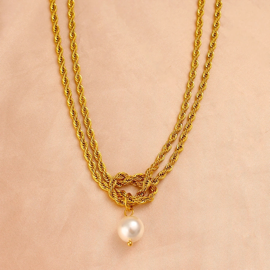 Jewelry Elegant Simple Style Twist 304 Stainless Steel Pearl 18K Gold Plated Plating Inlay Double Layer Necklaces