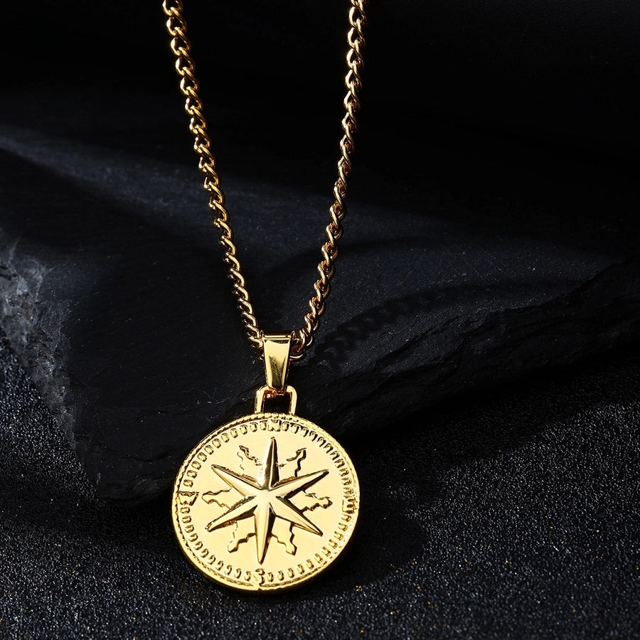 Casual Round 304 Stainless Steel 18K Gold Plated Men's Pendant Necklace