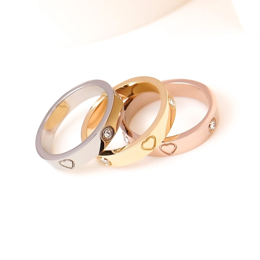 Jewelry Sweet Simple Style Heart Shape 316L Stainless Steel  Rhinestones 18K Gold Plated Inlay Rings