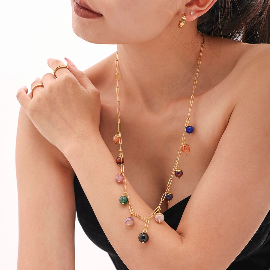 Jewelry Elegant Round 304 Stainless Steel Natural Stone 18K Gold Plated Plating Inlay Pendant Necklace