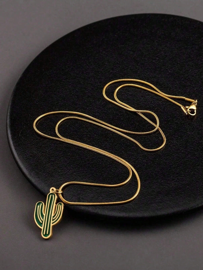 1Pc Men's Stainless Steel Gold Necklace Plant Green Cactus Pendant Necklace Unique Men's Gift Suitable for Daily Match Party Decoration Accessories