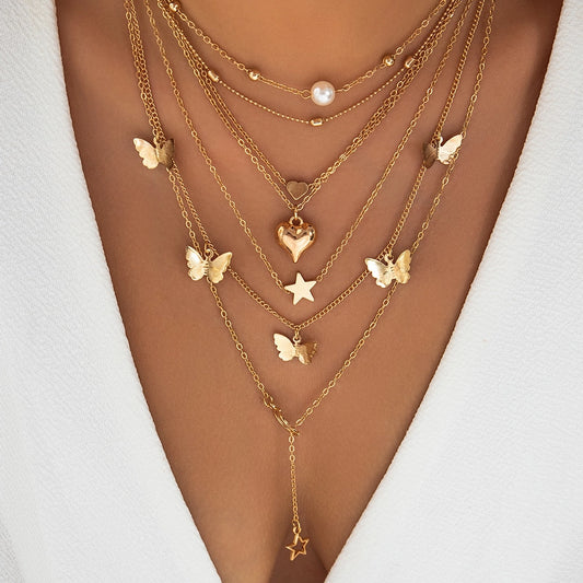 Jewelry Retro Star Heart Shape Arylic Alloy Copper Plating Pendant Necklace