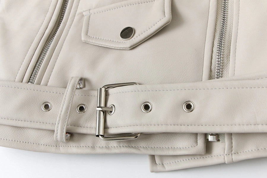 Women's Preppy Style Solid Color Zipper Leather Jacket Casual Jacket