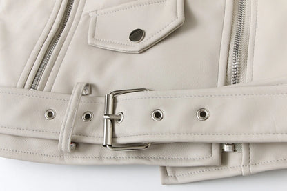 Women's Preppy Style Solid Color Zipper Leather Jacket Casual Jacket