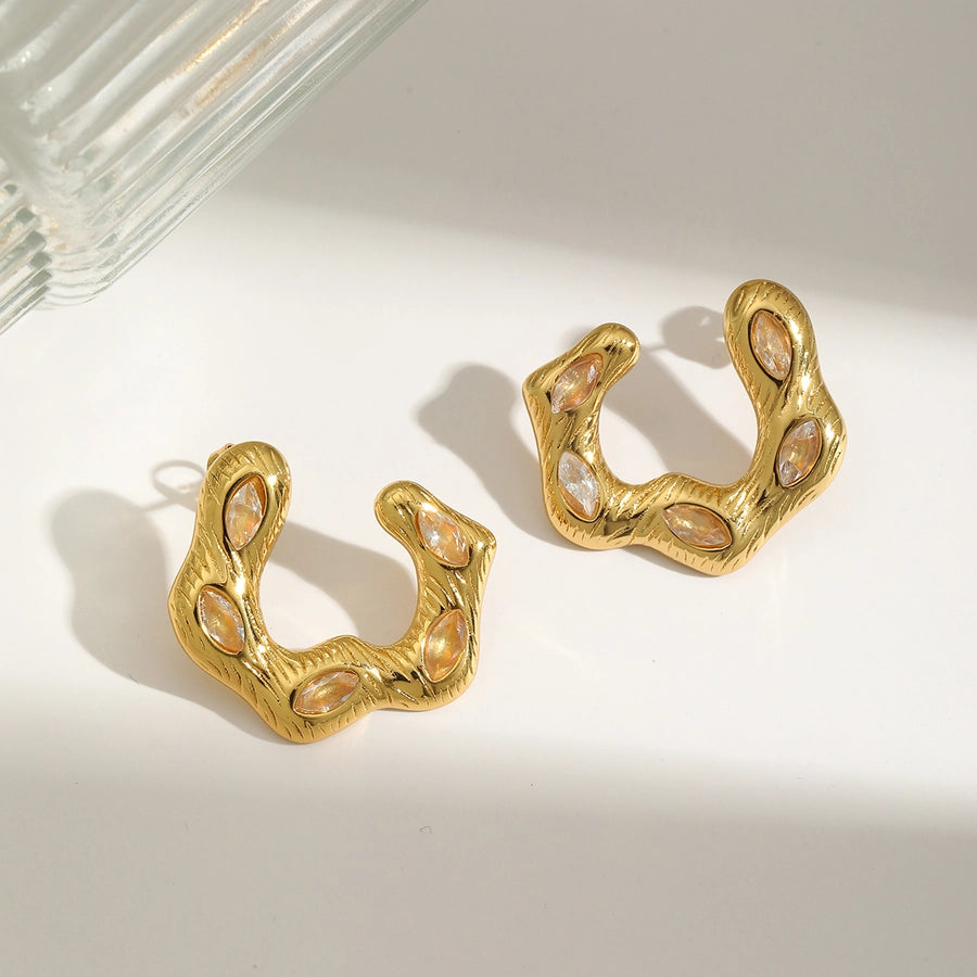 1 Pair Vintage Style Classic Style C Shape Inlay 304 Stainless Steel Zircon 18K Gold Plated Ear Studs