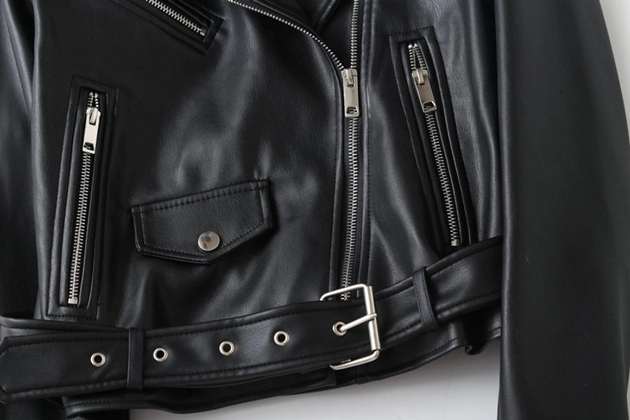 Women's Preppy Style Solid Color Zipper Leather Jacket Casual Jacket