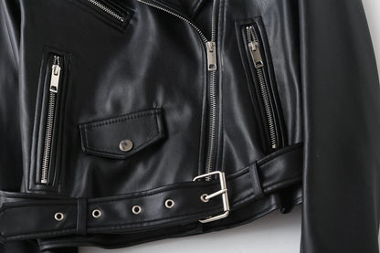 Women's Preppy Style Solid Color Zipper Leather Jacket Casual Jacket