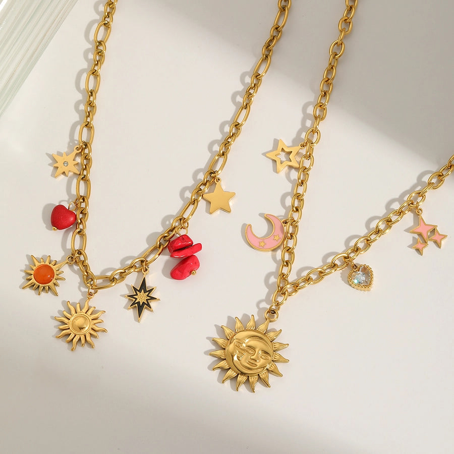 Jewelry Vintage Style Luxurious Classic Style Sun Moon 304 Stainless Steel Natural Stone Zircon 18K Gold Plated Inlay Pendant Necklace