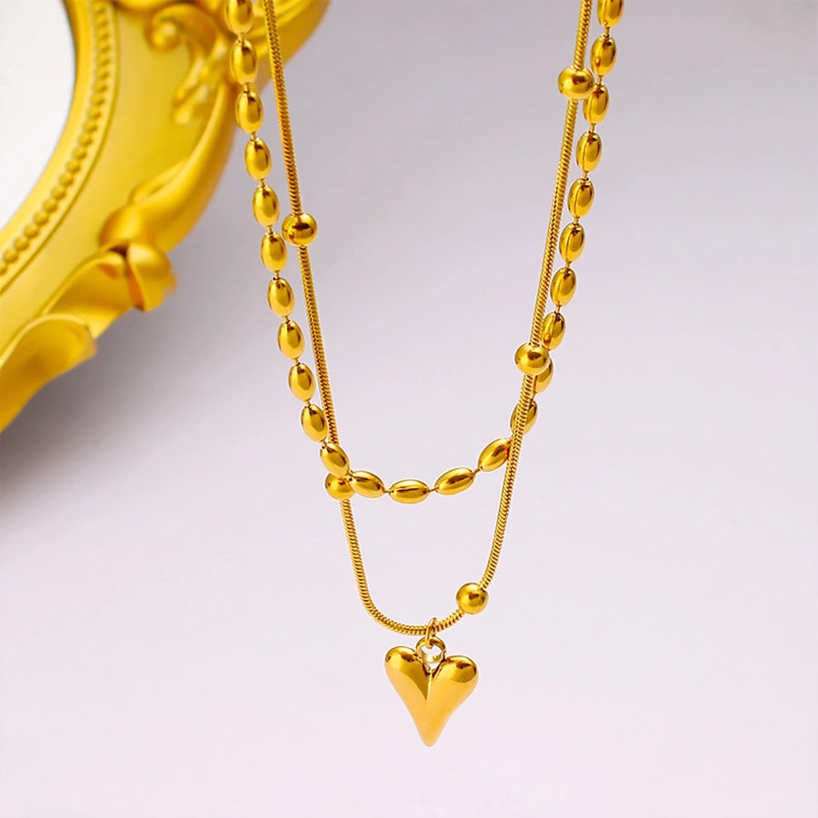 Jewelry Simple Style Heart Shape 304 Stainless Steel 18K Gold Plated Plating Double Layer Necklaces
