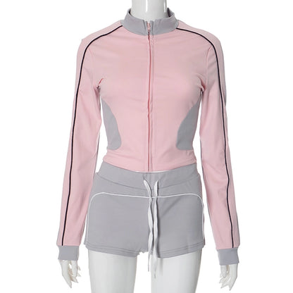 Daily Women's Streetwear Contrast Collar Spandex Polyester Twilled Satin Shorts Sets Shorts Sets