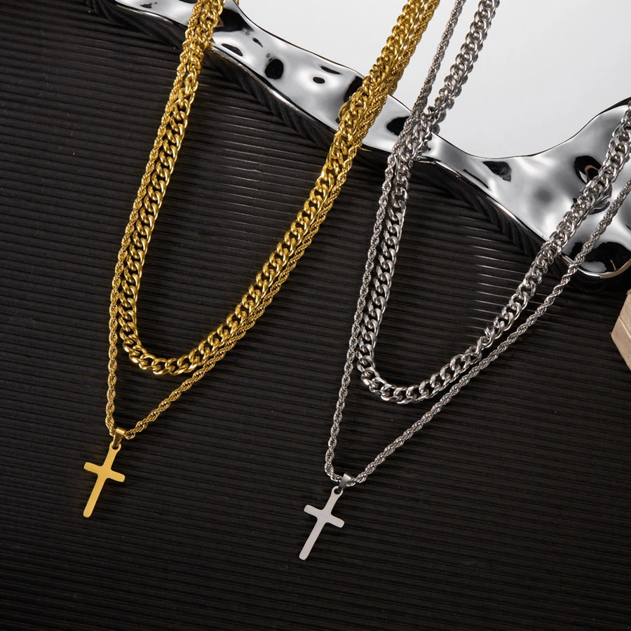 Hip-Hop Cross 201 Stainless Steel Men's Double Layer Necklaces