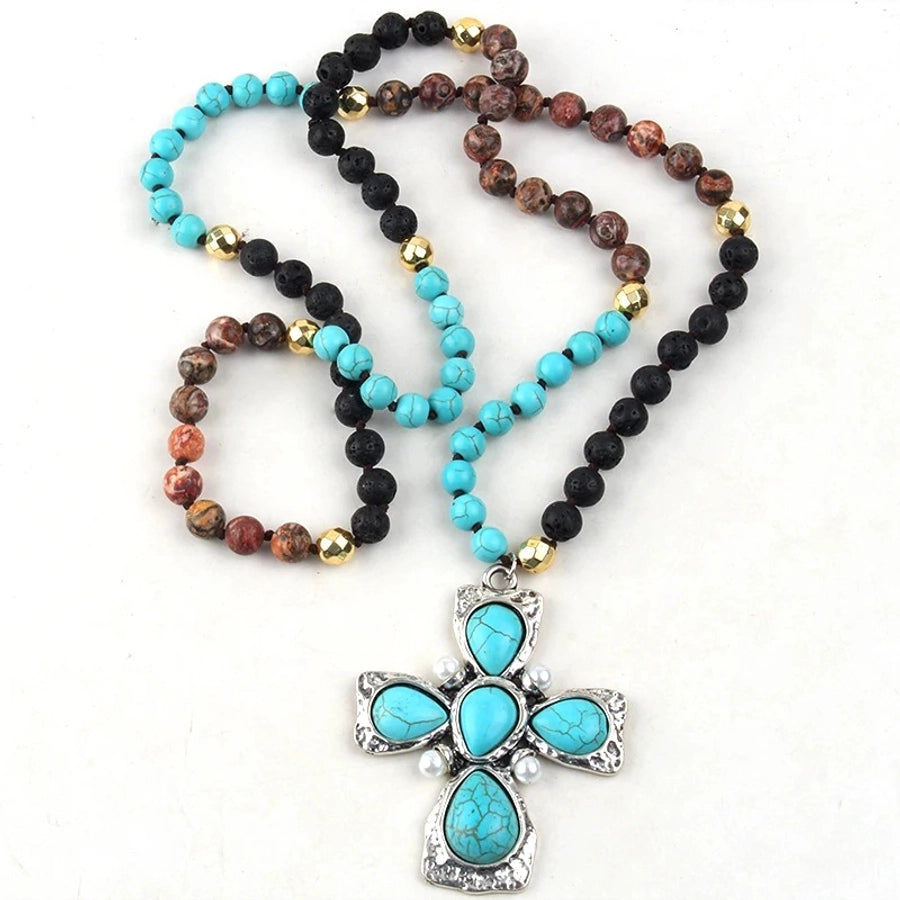 Retro Bohemian Cross natural stone Beaded Chain Pendant Necklace In Bulk Natural stone necklace