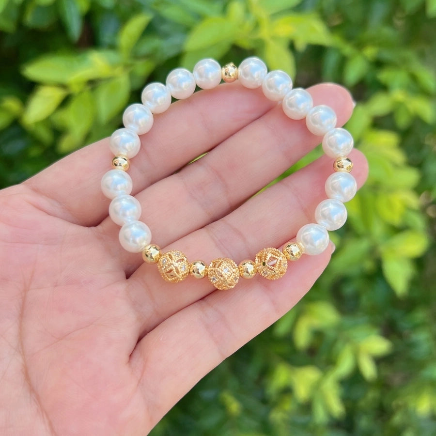 Nordic Style Round Zircon Imitation Pearl opal Copper Beaded Bracelets