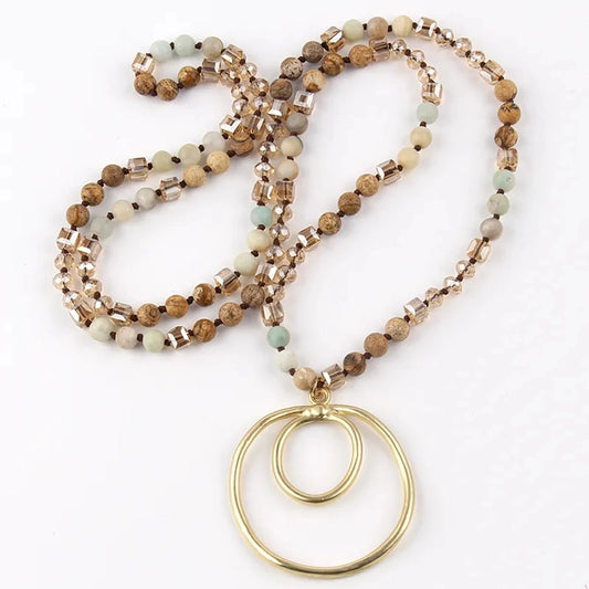 Retro Geometric Semi-precious stone Alloy Glass Beaded Chain Pendant Necklace In Bulk Natural stone necklace