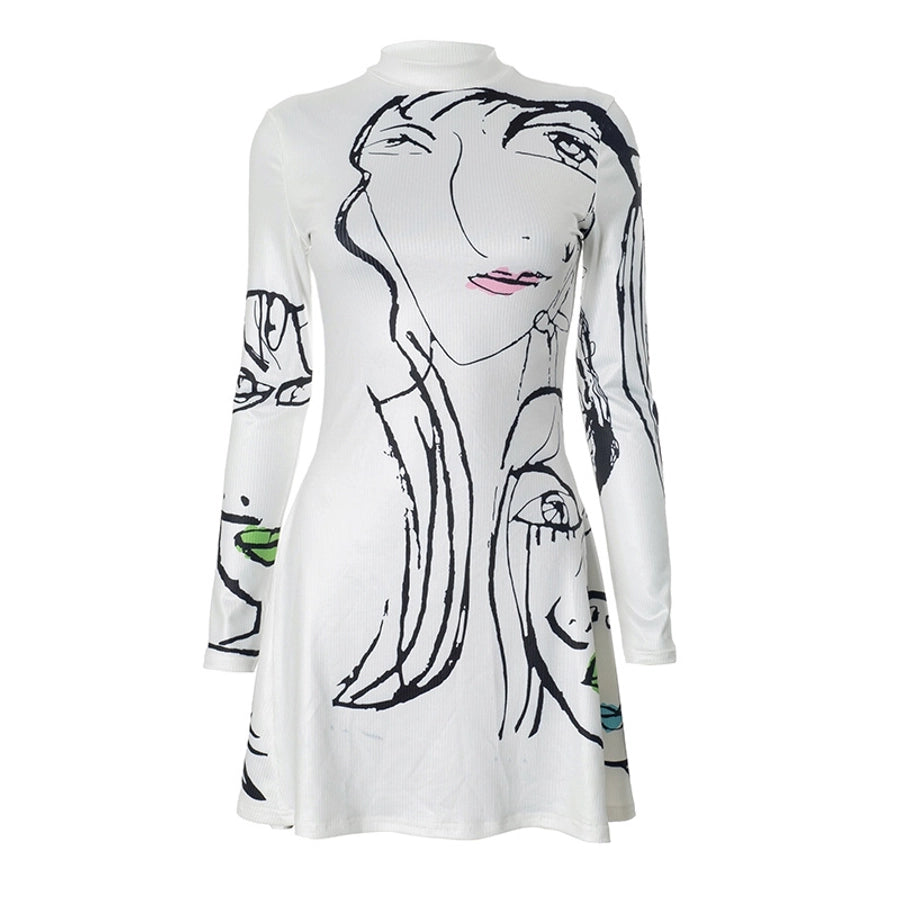 Women's A- Line Skirt Streetwear Round Neck Long Sleeve Portrait Lines Above Knee Daily