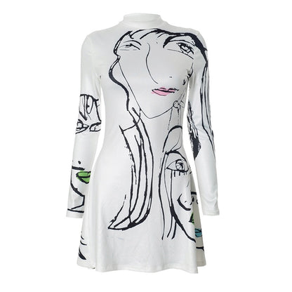 Women's A- Line Skirt Streetwear Round Neck Long Sleeve Portrait Lines Above Knee Daily
