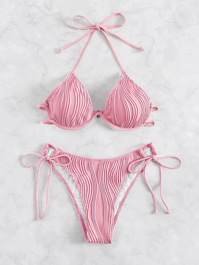 Women's Solid Color Stripe 2 Pieces Set Bikinis Swimwear