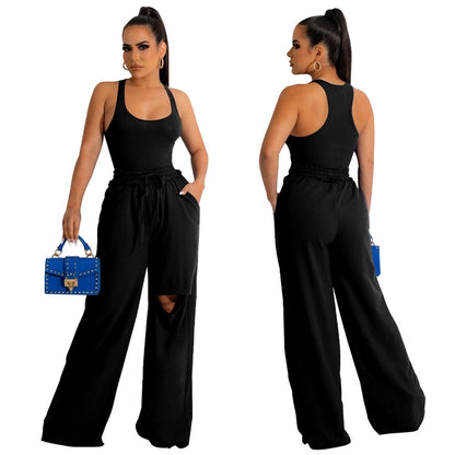 women's streetwear solid color spandex polyester twilled satin patchwork ripped pants sets