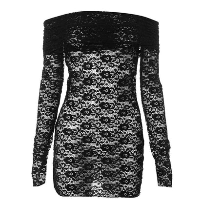 Women's Hip skirt Sexy Boat Neck Long Sleeve Solid Color Above Knee Masquerade