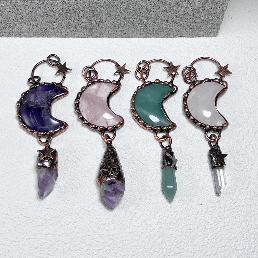 1 Piece 35*91mm Crystal Green aventurine Natural Stone Crystal Star Moon Pendant Jewelry Accessories