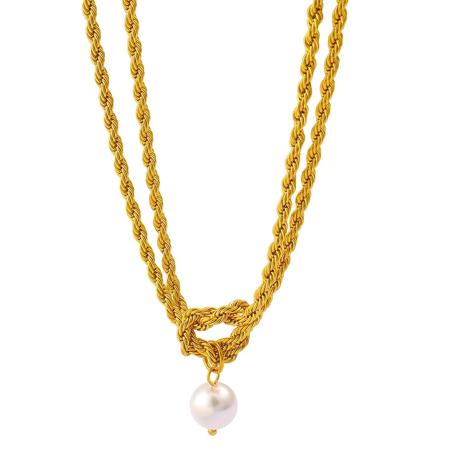 Jewelry Elegant Simple Style Twist 304 Stainless Steel Pearl 18K Gold Plated Plating Inlay Double Layer Necklaces