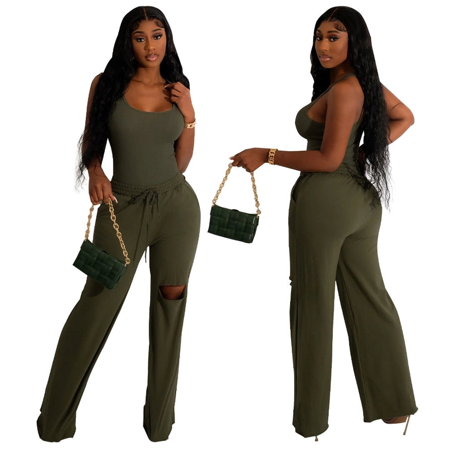 women's streetwear solid color spandex polyester twilled satin patchwork ripped pants sets
