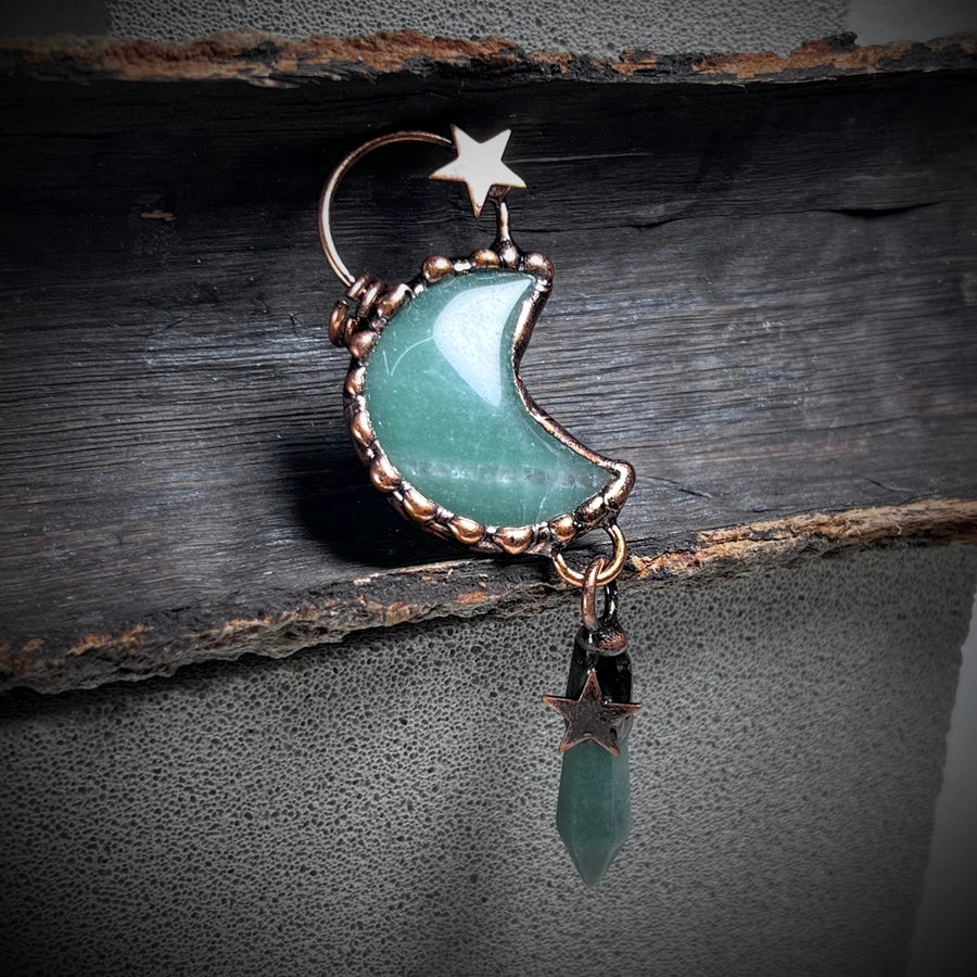 1 Piece 35*91mm Crystal Green aventurine Natural Stone Crystal Star Moon Pendant Jewelry Accessories
