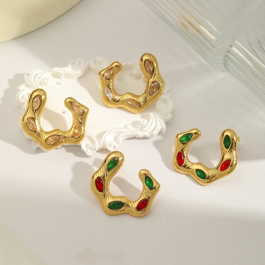 1 Pair Vintage Style Classic Style C Shape Inlay 304 Stainless Steel Zircon 18K Gold Plated Ear Studs
