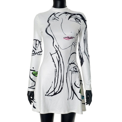 Women's A- Line Skirt Streetwear Round Neck Long Sleeve Portrait Lines Above Knee Daily