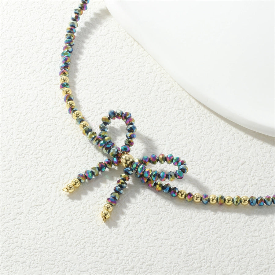 Cute Punk Lolita Bow Knot Glass Beaded Chain Beaded Necklaces