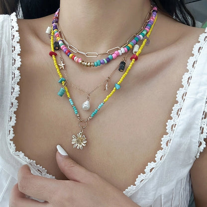 Vacation Pastoral Geometric Alloy Seed Bead Beaded Chain Layered Necklaces
