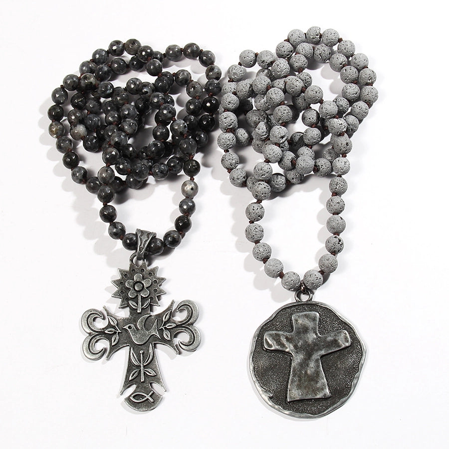 Retro Ethnic Style Geometric Cross Semi-precious stone Alloy Beaded Chain Pendant Necklace Long Necklace In Bulk Natural stone necklace