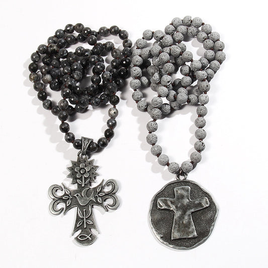 Retro Ethnic Style Geometric Cross Semi-precious stone Alloy Beaded Chain Pendant Necklace Long Necklace In Bulk Natural stone necklace