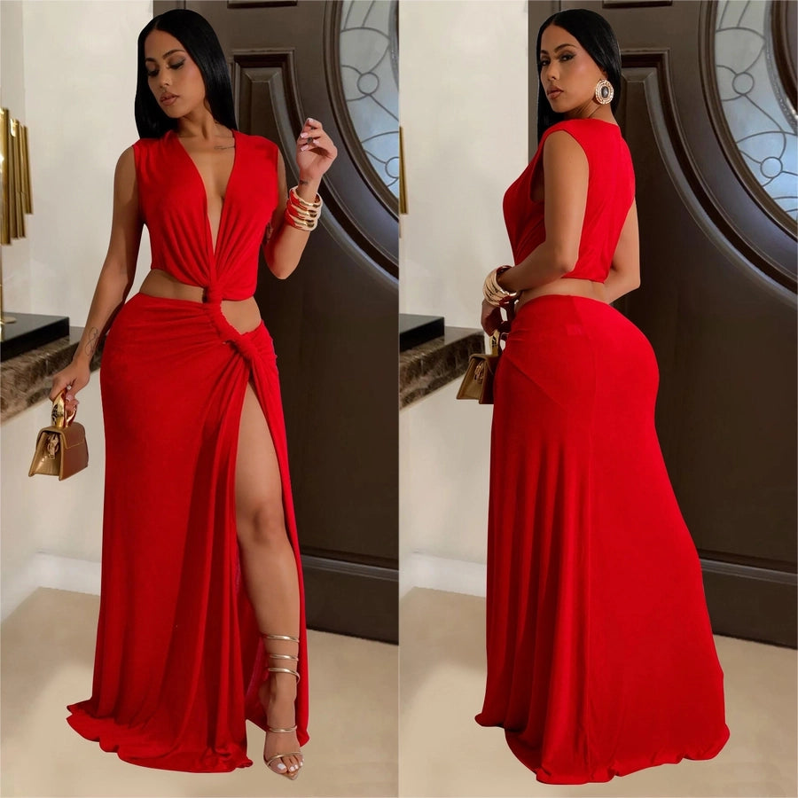 Women's Sheath Dress Elegant Deep V Thigh Slit Sleeveless Solid Color Maxi Long Dress Banquet