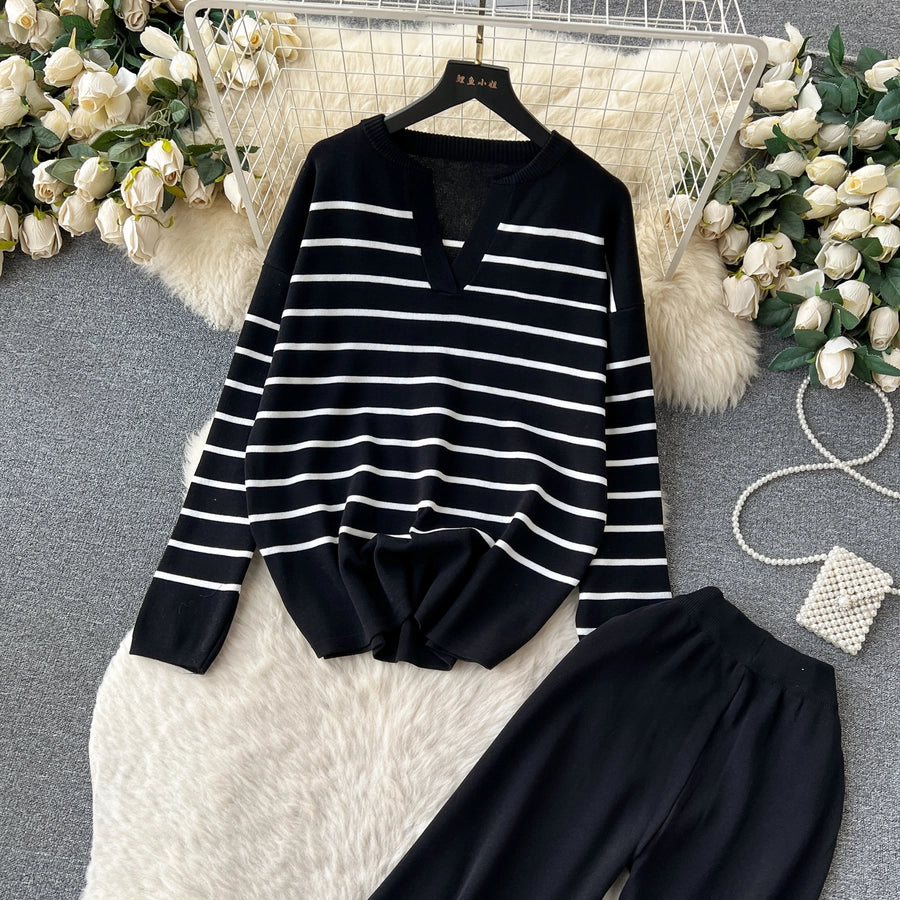school outdoor daily women's simple style stripe simple spandex polyester knit elastic waist pants sets pants sets