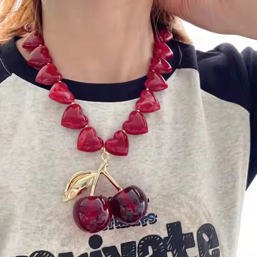 Jewelry Elegant Cherry Heart Shape Resin Copper 18K Gold 18K Gold Plated Plating Pendant Necklace