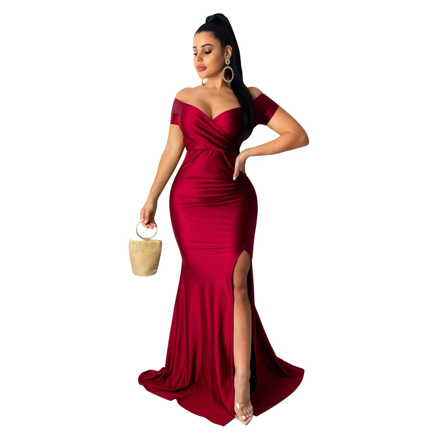 women's party dress elegant v neck short sleeve solid color maxi long dress evening party