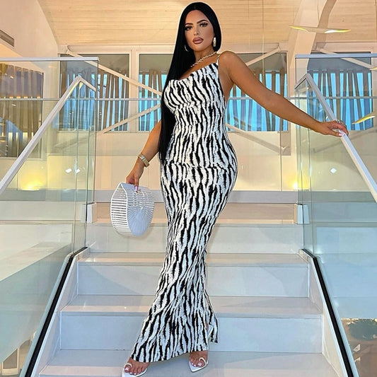 Women's Strap Dress Sexy V Neck Sleeveless Zebra Maxi Long Dress Holiday