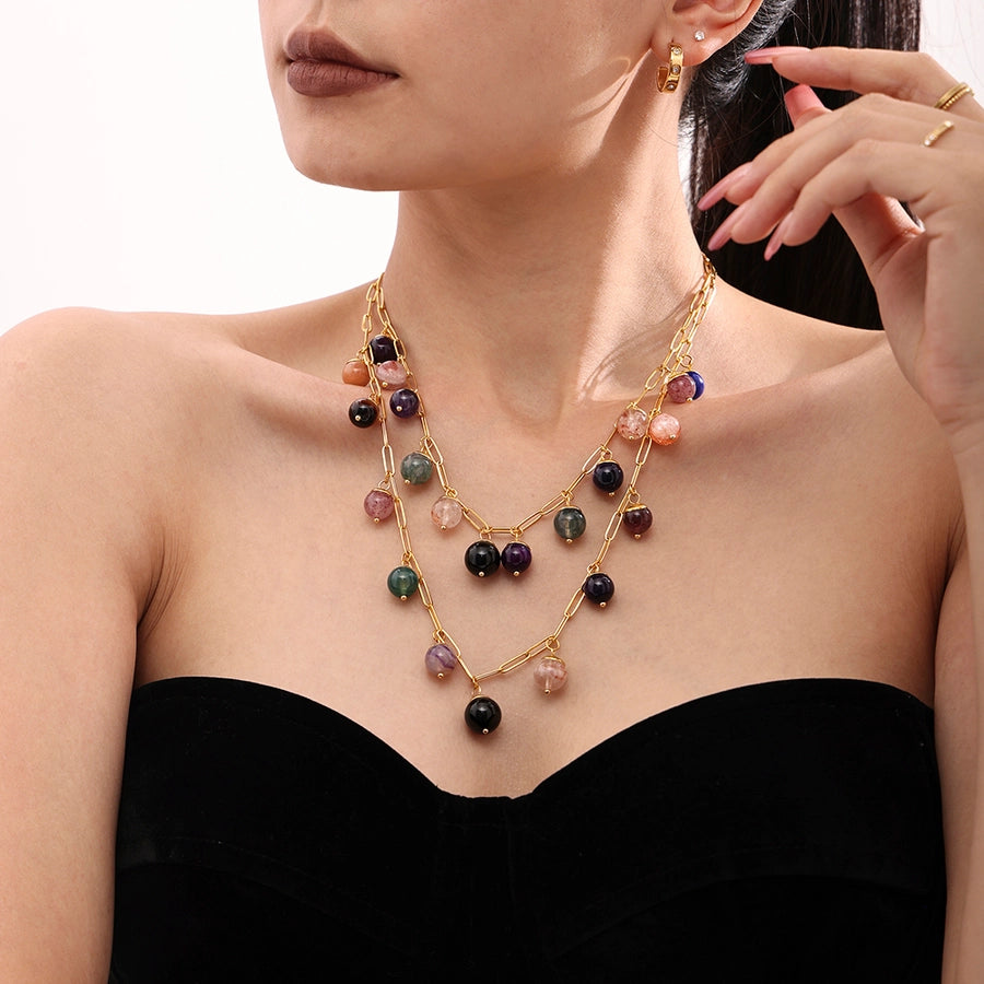 Jewelry Elegant Round 304 Stainless Steel Natural Stone 18K Gold Plated Plating Inlay Pendant Necklace