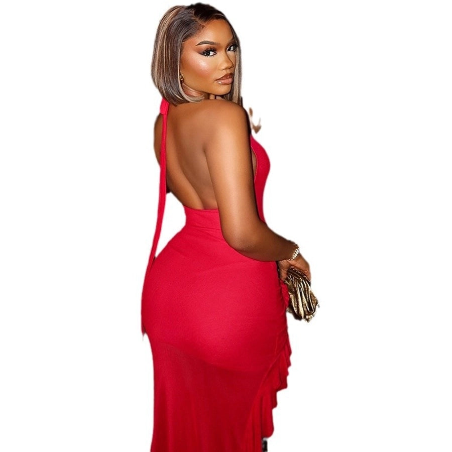 Women's Sheath Dress Elegant Sexy Halter Neck Pleated Sleeveless Solid Color Asymmetrical Dress Banquet