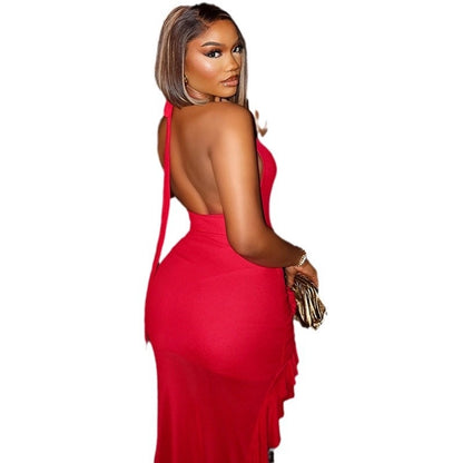 Women's Sheath Dress Elegant Sexy Halter Neck Pleated Sleeveless Solid Color Asymmetrical Dress Banquet