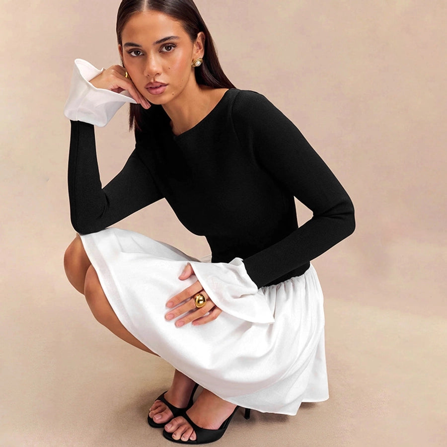 Women's Sheath Dress Streetwear Boat Neck Contrast Binding Long Sleeve Contrast Binding Above Knee Daily