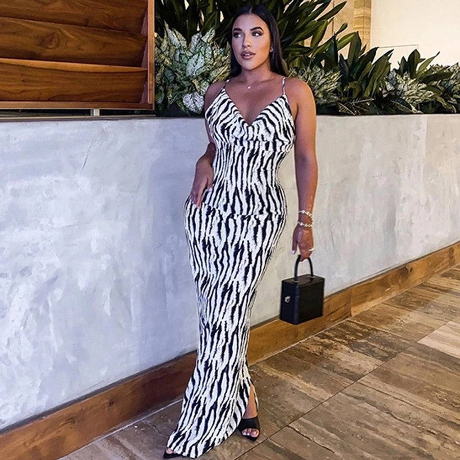 Women's Strap Dress Sexy V Neck Sleeveless Zebra Maxi Long Dress Holiday