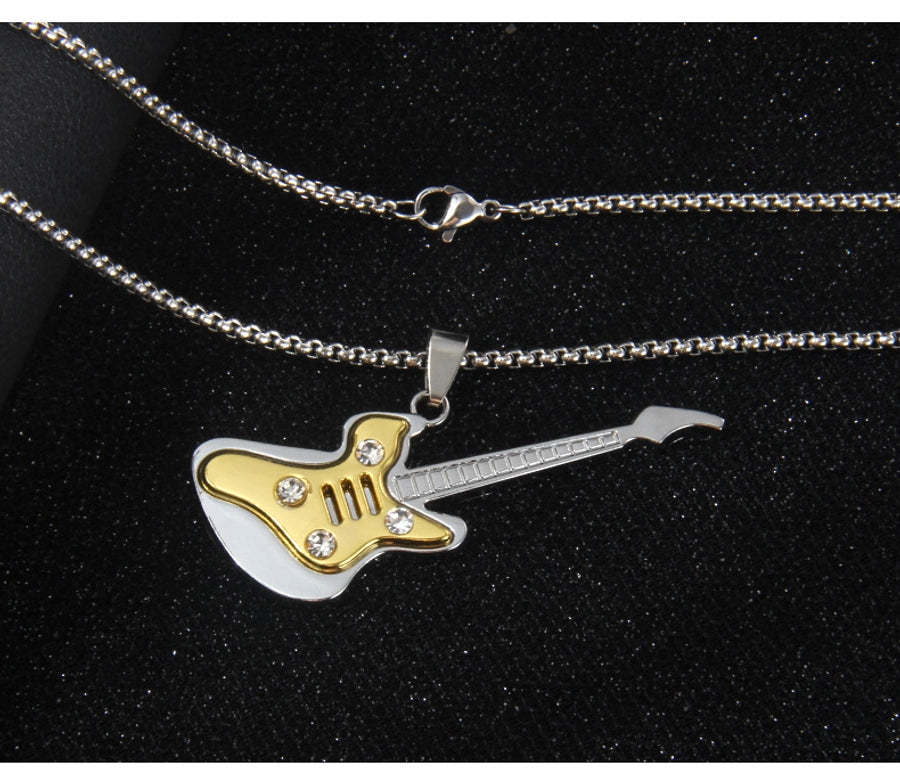 Rock Guitar 201 Stainless Steel Alloy Inlay Rhinestones Unisex Pendant Necklace