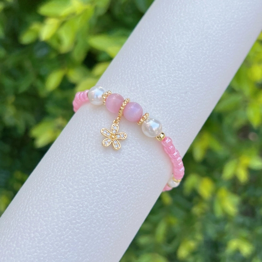 Sweet Flower Butterfly Bow Knot 18K Gold Plated Zircon Imitation Pearl Copper ball chain Beaded Bracelets