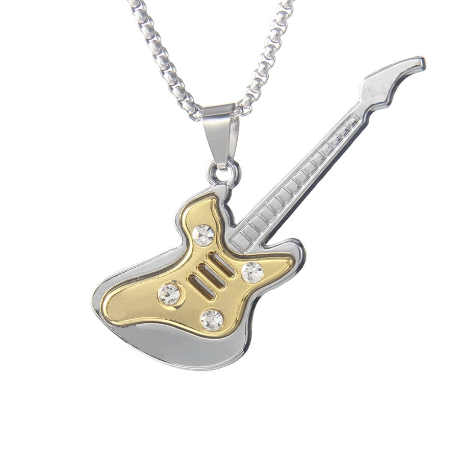 Rock Guitar 201 Stainless Steel Alloy Inlay Rhinestones Unisex Pendant Necklace