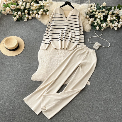 school outdoor daily women's simple style stripe simple spandex polyester knit elastic waist pants sets pants sets
