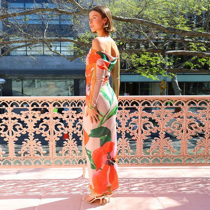 Women's Sheath Dress Vacation Strapless Long Sleeve Flower Maxi Long Dress Travel