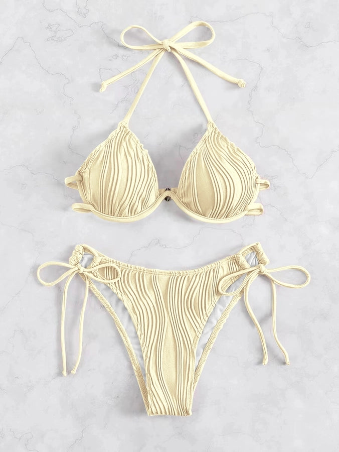 Women's Solid Color Stripe 2 Pieces Set Bikinis Swimwear