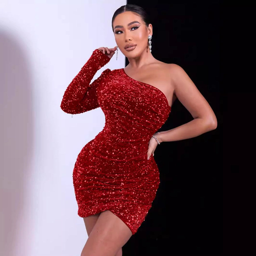 Women's Party Dress Streetwear Oblique collar Sequins Nine Points Sleeve Solid Color Above Knee Cocktail Party